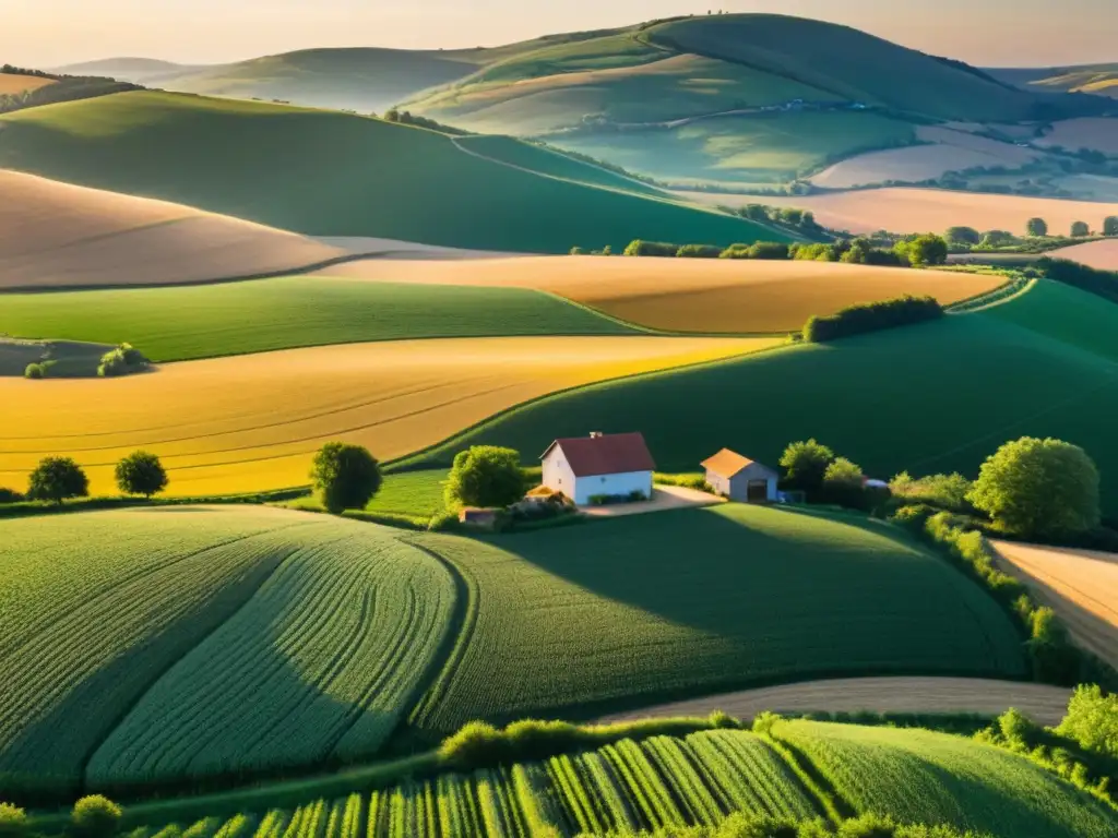Atardecer dorado en paisaje rural: granja, agricultura y conexión humana Un paisaje rural extenso con colinas, una granja y un granjero trabajando, bañado en la cálida luz del atardecer