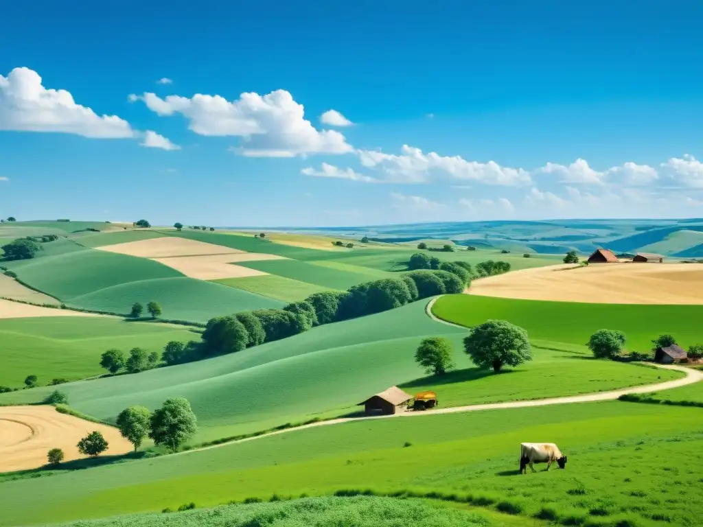 Integración tecnológica en paisajes rurales: pasado y futuro Un paisaje rural extenso con colinas verdes, granjas y carreteras de tierra