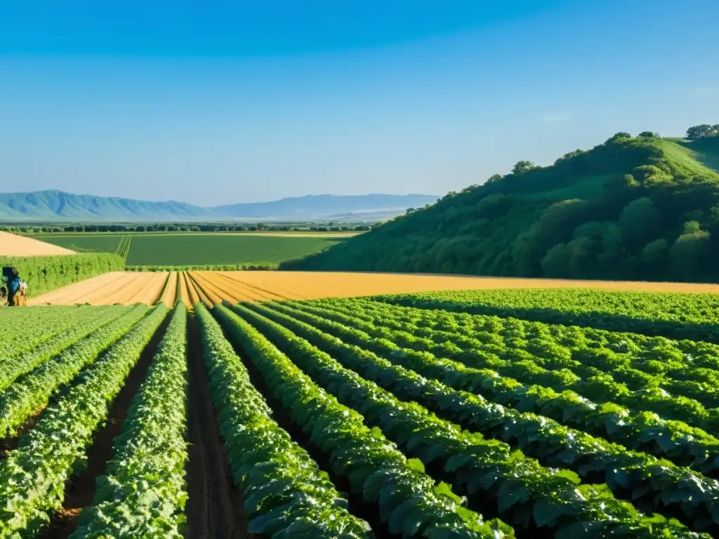 Tierra fértil: Cuidando los cultivos con esmero en Europa Un paisaje agrícola verde y extenso bajo cielo azul, donde un agricultor inspecciona las plantas con cuidado