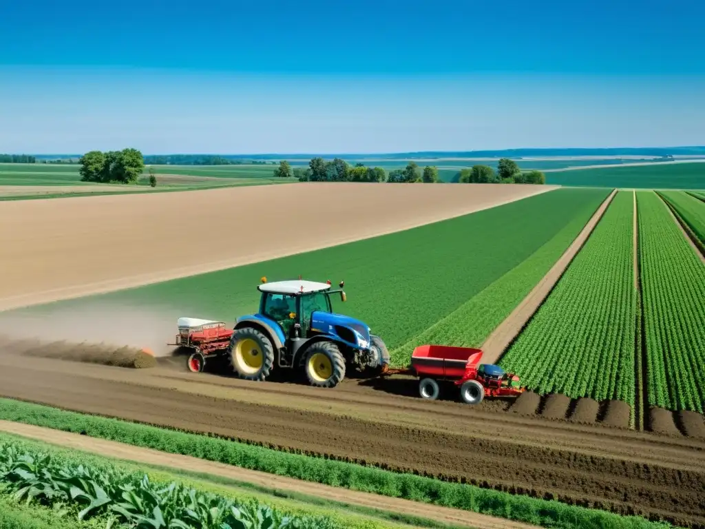 Campo agrícola sostenible en América del Norte Un paisaje agrícola vibrante en América del Norte, con campos verdes y un tractor arando