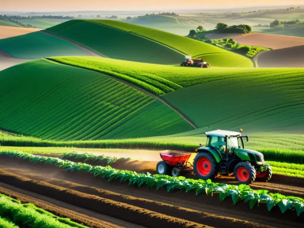 Horizonte verde: Agricultura sostenible al atardecer Panorámica de paisaje agrícola sostenible con granjero inspeccionando