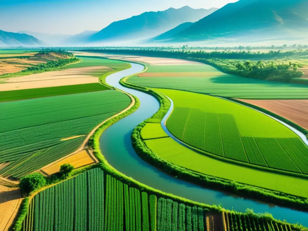 Río vital: agricultura sostenible y agua Una fotografía panorámica de alta resolución de un paisaje rural vibrante, con un río serpenteando entre campos y tierras de cultivo