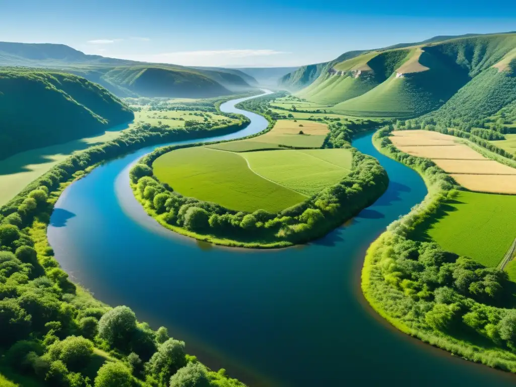 Río sereno y valle verde: importancia del agua Panorámica de un río sereno fluyendo en un valle verde, bajo un cielo azul