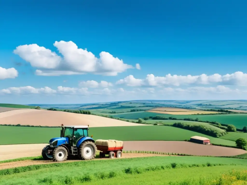 Paisaje rural sereno con agricultor y tractor Panorámica rural con paisaje sereno, tractor y granjero reflexivo