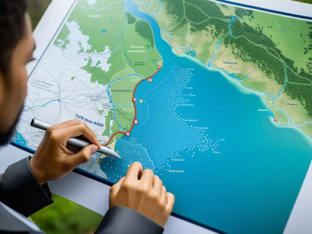 Experto en Ley de Aguas analizando mapa detallado Persona examinando detallado mapa de cuenca hidrográfica, mostrando determinación y expertise
