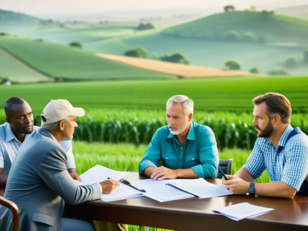 Negociación de reclamo de seguro agrícola: colaboración y determinación Reunión de agricultores y ajustadores de seguros discutiendo reclamación de seguro agrario