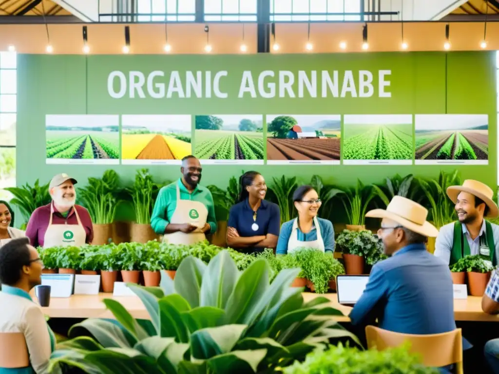 Conferencia de agricultura orgánica: colaboración y conocimiento Reunión de expertos y agricultores en congreso sobre producción ecológica, compartiendo conocimientos en un ambiente colaborativo y enriquecedor