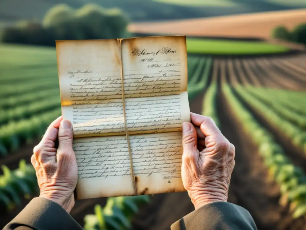 Herencia agrícola: Sabiduría en manos arrugadas Las sabias manos del anciano agricultor sostienen un antiguo documento legal desgastado, evocando la protección sucesiones legado agrícola