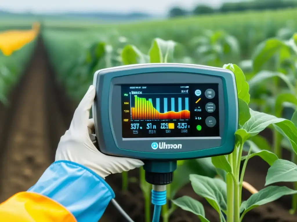 Monitoreo avanzado de calidad del agua en agricultura Un sistema sofisticado de monitoreo de calidad del agua en un campo agrícola, cumple con normativas europeas calidad agua agricultura
