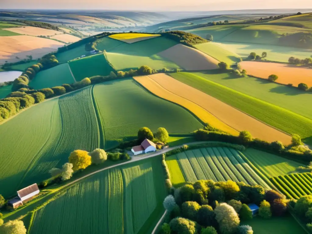 Atardecer dorado sobre paisaje rural Software gestión contratos arrendamiento rural: Hermosa vista aérea de paisaje rural con colinas verdes, granjas y río al atardecer