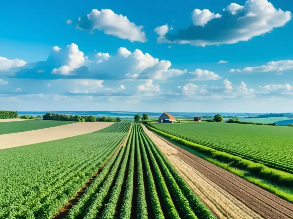 Esplendor rural: Agricultura eficiente y hermosa Software para gestión de contratos de arrendamiento rural en hermosa granja con campos verdes y cielo azul brillante, agricultores trabajando