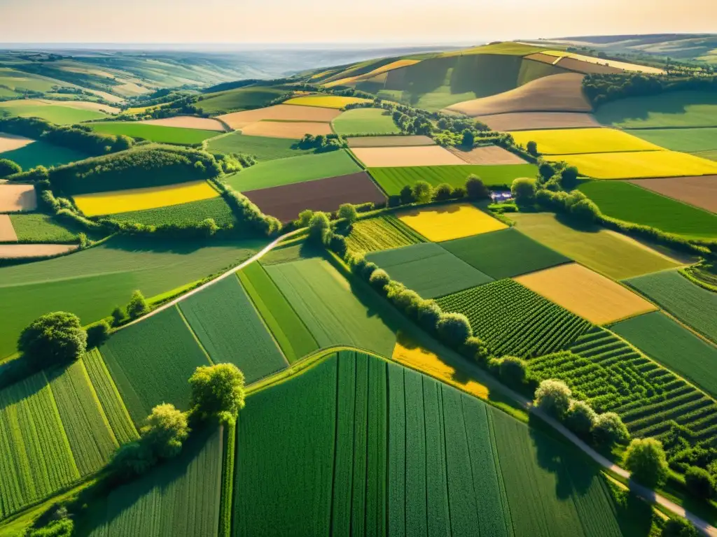 Vista panorámica rural: campos, granjas y luz dorada Software para gestión de contratos de arrendamiento rural que facilita la belleza atemporal y la gestión eficiente de la vida rural