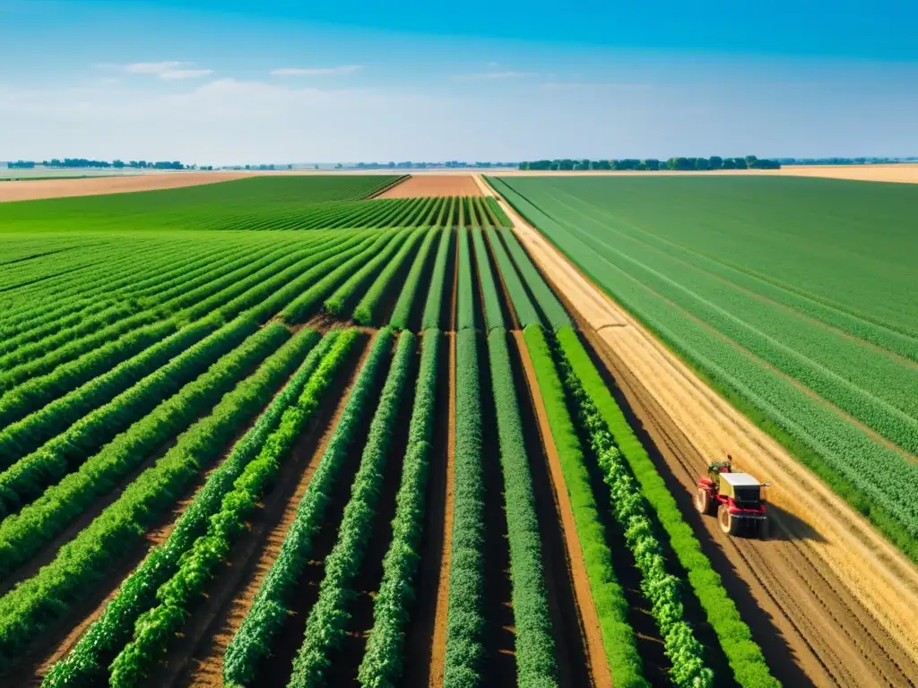 Tradiciones agrícolas y tecnología moderna en sinergia Inversión agrícola global tendencias: Campo agrícola vasto y soleado, agricultores trabajando en tradición con maquinaria moderna al fondo