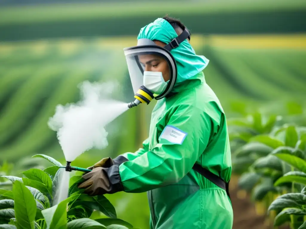 Trabajador agrícola pulverizando pesticidas en campo Un trabajador agrícola rocía pesticidas sobre un cultivo, siguiendo normativas legales fertilizantes y pesticidas