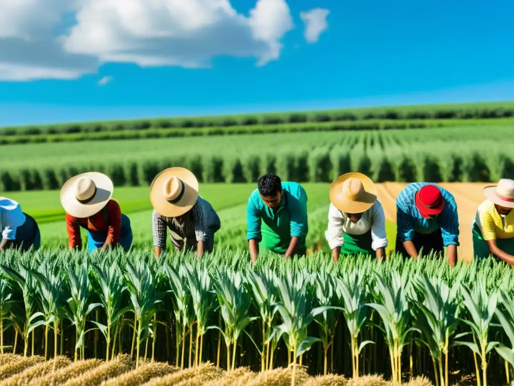 Trabajadores agrícolas en campos de trigo bajo el sol Trabajadores agrícolas cuidando campos de trigo bajo el sol, impacto clima mercados futuros agrarios