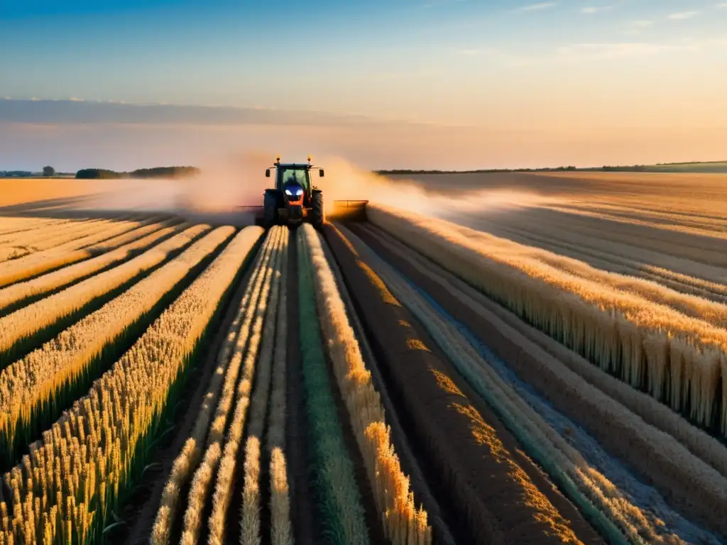 Tractor moderno surcando campos dorados al atardecer Tractor moderno surcando campos de trigo dorado al atardecer, evocando innovación en la gestión de contratos de arrendamiento rural