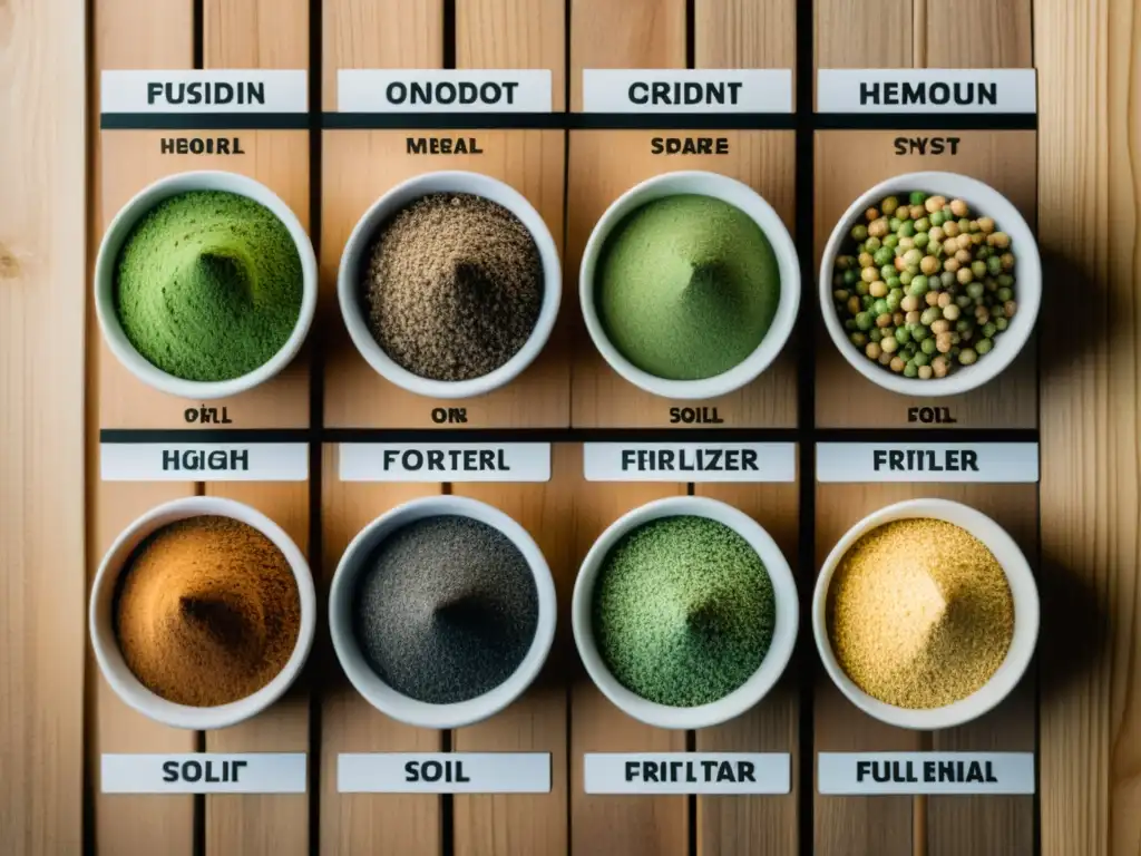Variedad de fertilizantes: composiciones y texturas en detalle Variedad de fertilizantes etiquetados con composición, sobre mesa de madera