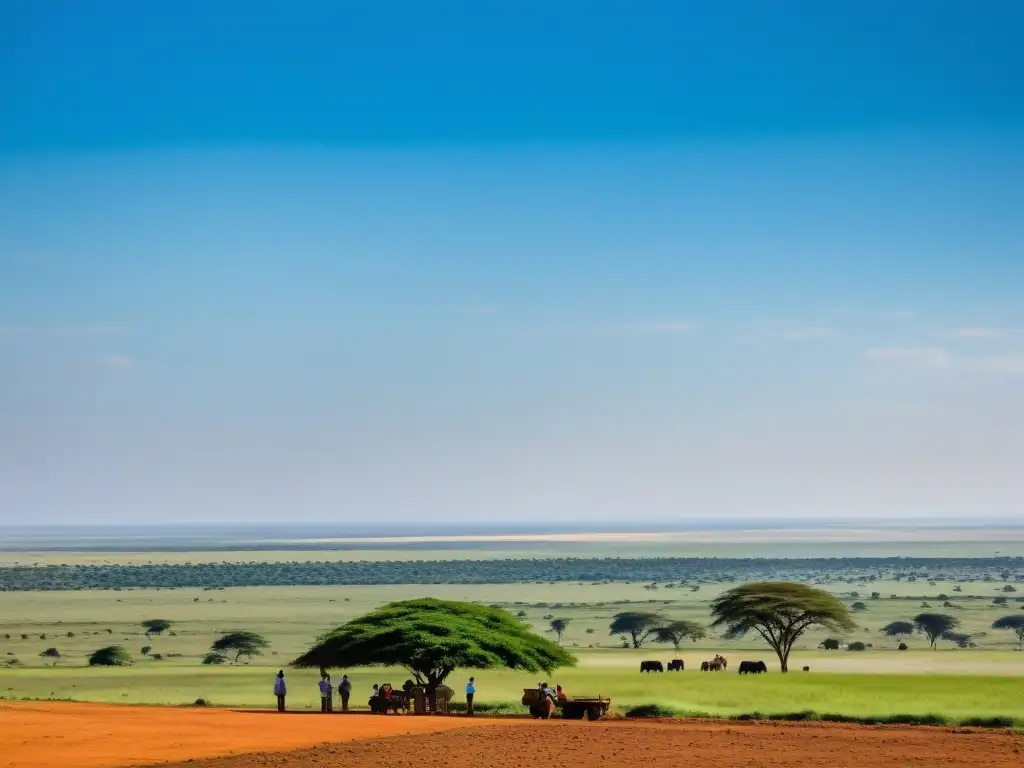 Negociaciones de tierras africanas: tradición vs Un vasto y extenso paisaje africano se extiende bajo un cielo azul