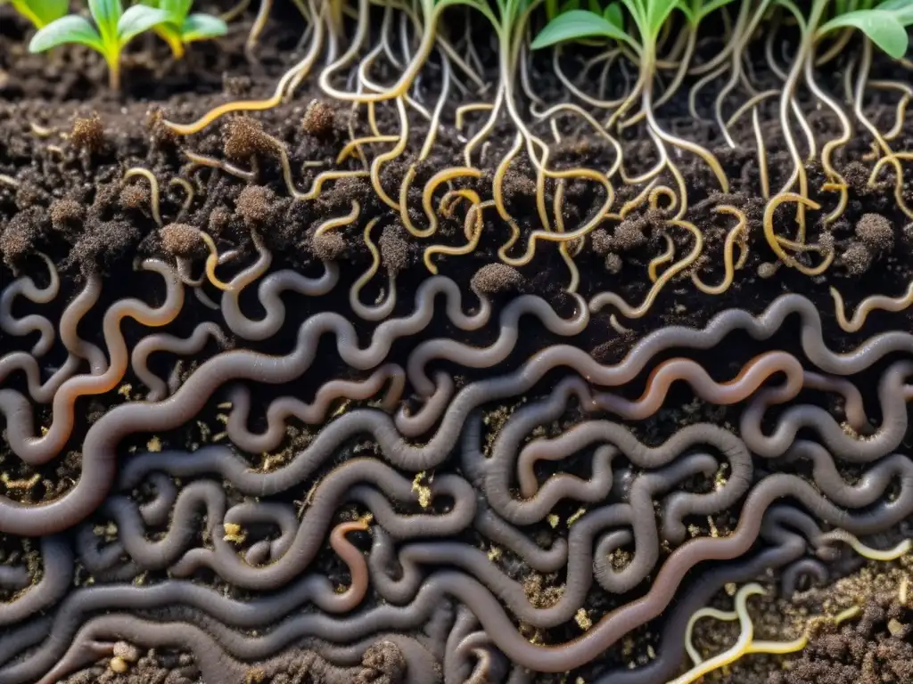 Ecosistema del Suelo: Vida y Fertilidad Vibrante ecosistema de suelo con vida microbiana y raíces entrelazadas, destacando la importancia del fertilizante adecuado análisis suelos