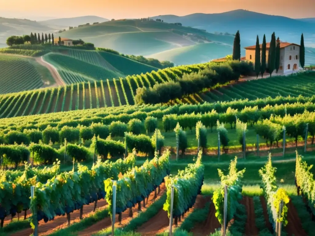 Viñedo en Toscana: atardecer dorado entre las vides Viñedo en las colinas de la Toscana, Italia