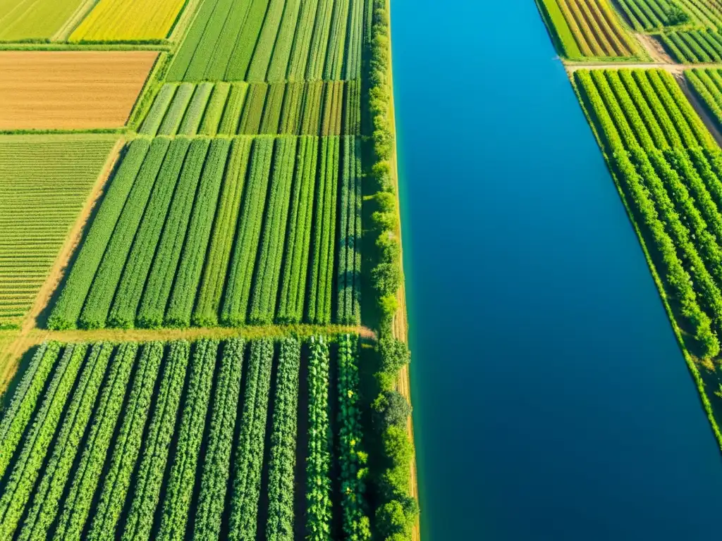 Campo agrícola vibrante: trabajo duro y precisión Vista aérea de un campo agrícola exuberante y ordenado, con agricultores trabajando bajo el cielo azul