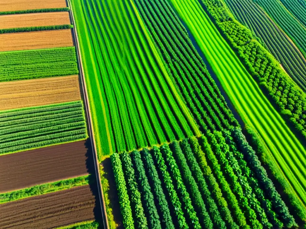 Esplendor agrícola: campos verdes y río brillante Vista aérea de campos agrícolas verdes con cultivos y un río brillante