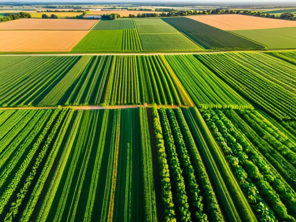 Esplendor agrícola al atardecer: cultivos verdes en la granja Vista aérea de campos agrícolas verdes con patrones de cultivos