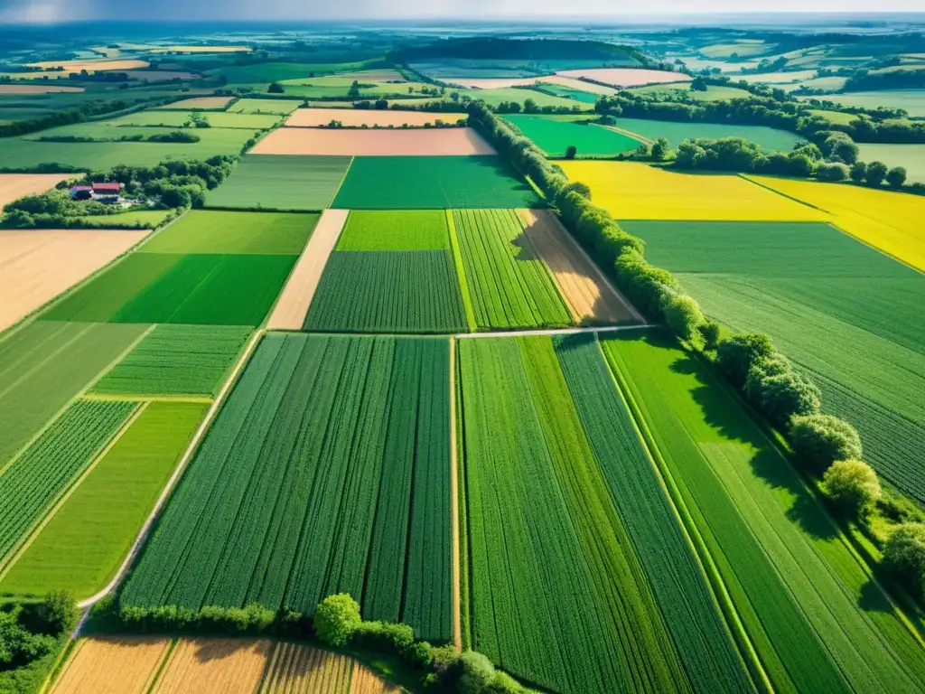 Campo agrícola exuberante: luz, sombras y vida rural Vista aérea de campos verdes en desarrollo rural con Fondos de Inversión Agrícola, resaltando la belleza natural y la productividad