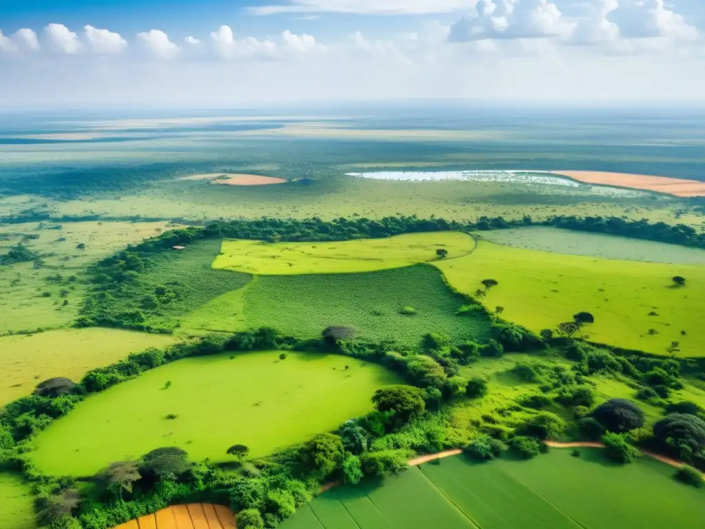 Sabana africana: Serenidad y desafíos Vista aérea de una extensa sabana africana con ríos, árboles y aldeas