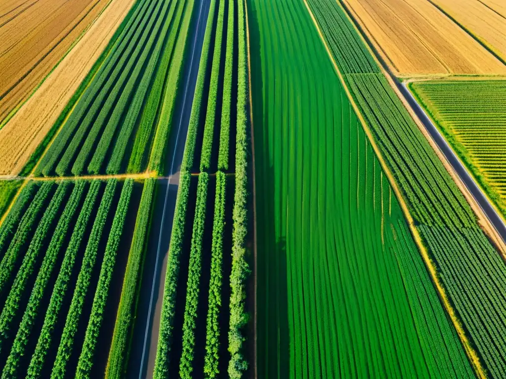 Campo agrícola verde con tecnología GPS Vista aérea de un extenso campo agrícola verde con hileras de cultivos, bajo la luz dorada del sol