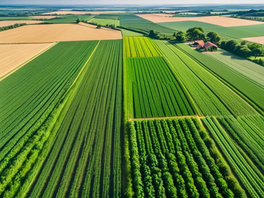 Campo agrícola exuberante: dedicación y éxito en la agricultura Vista aérea de un extenso campo agrícola verde con cultivos en filas, bañado por la luz del sol