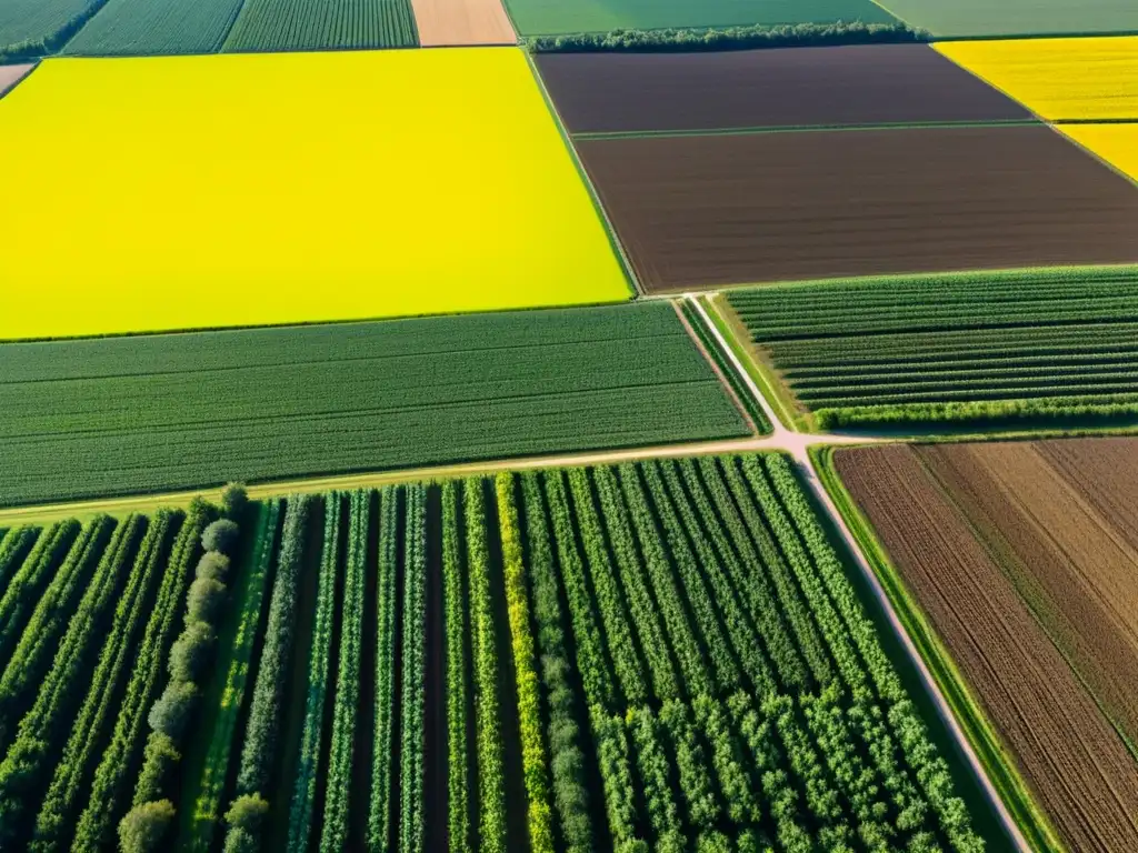 Espléndido campo agrícola en alta resolución Vista aérea de un extenso campo agrícola verde con cultivos ordenados