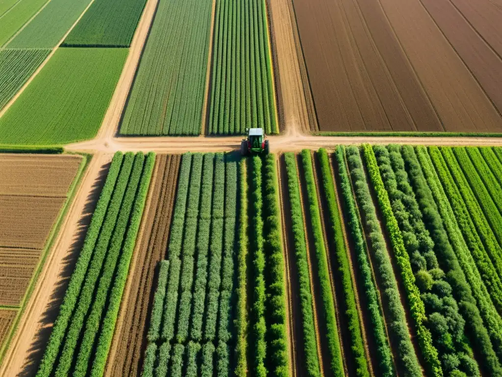 Campo agrícola vasto y exuberante: eficiencia y productividad Vista aérea de un extenso campo agrícola con cultivos ordenados y trabajadores