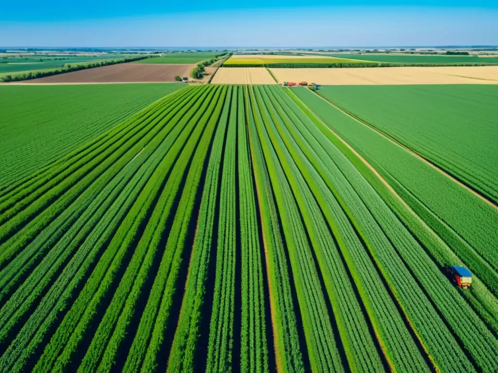 Vista aérea de agricultura productiva y trabajadores dedicados Vista aérea de extenso paisaje agrícola con cultivos verdes, agricultores inspeccionando campos y maquinaria trabajando