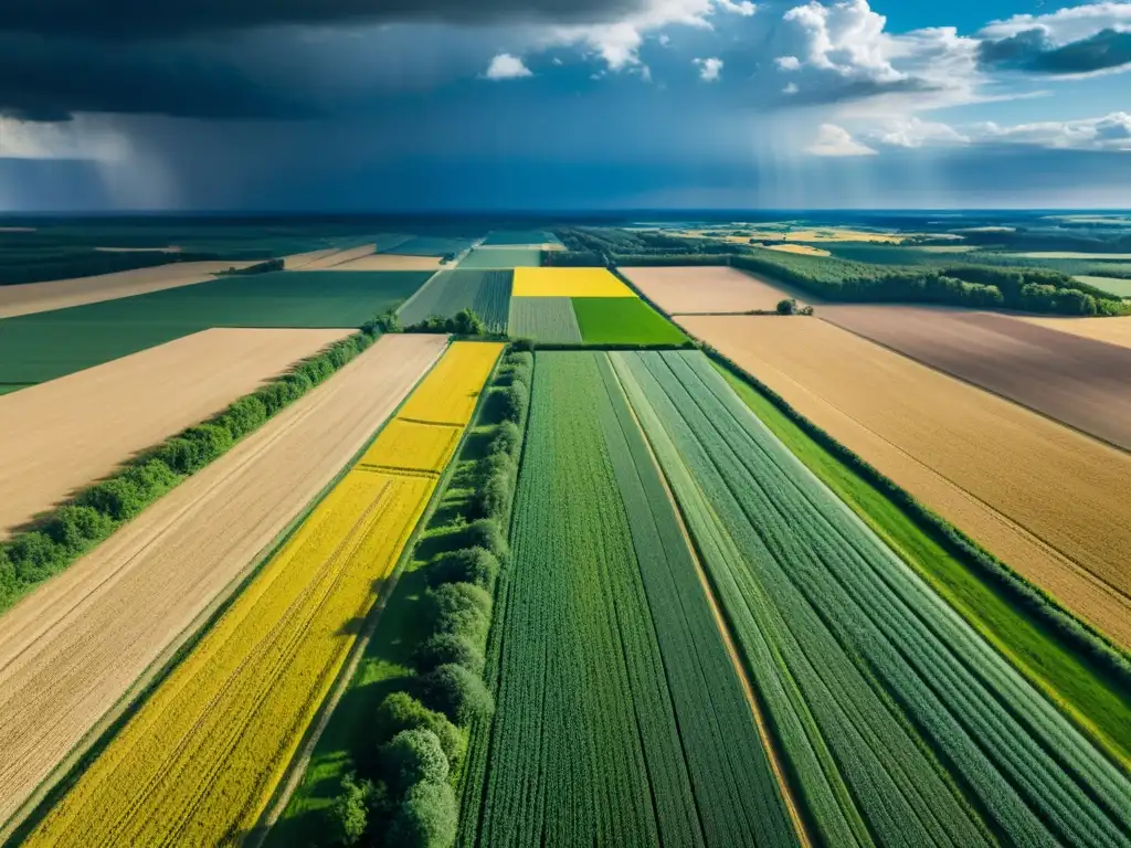 Horizonte agrícola: impacto humano y clima Vista aérea de extenso paisaje agrícola con cultivos dorados, bosques verdes y nubes de tormenta, resalta impacto clima mercados futuros agrarios
