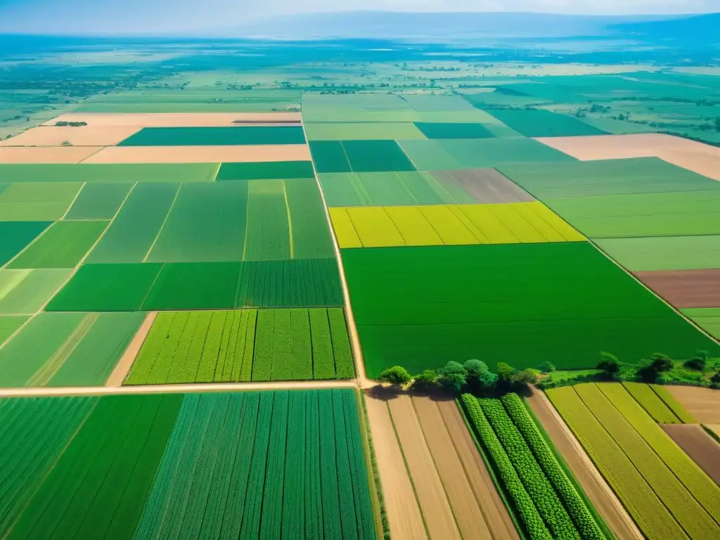 Armonía agrícola: inversión extranjera y tradición local en África Vista aérea de extensos campos verdes en África, con agricultores locales y compradores de tierras extranjeros trabajando juntos en armonía
