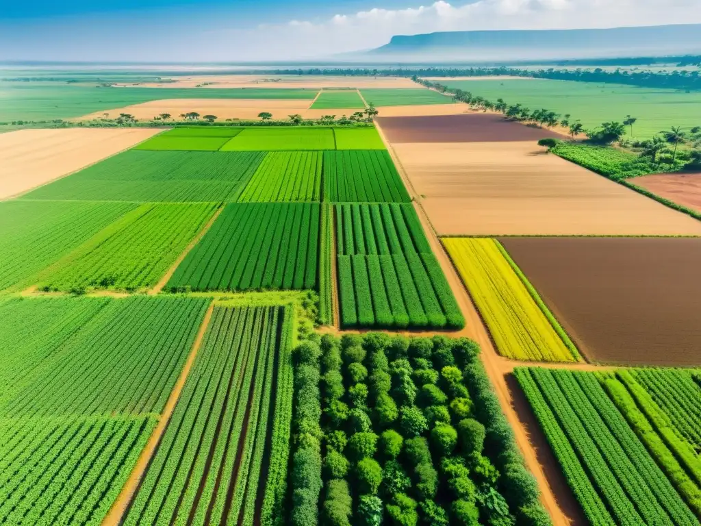 Campo africano vibrante: mujeres trabajando en cultivos Vista aérea de un exuberante paisaje agrícola en África, con mujeres agricultoras trabajando en los campos