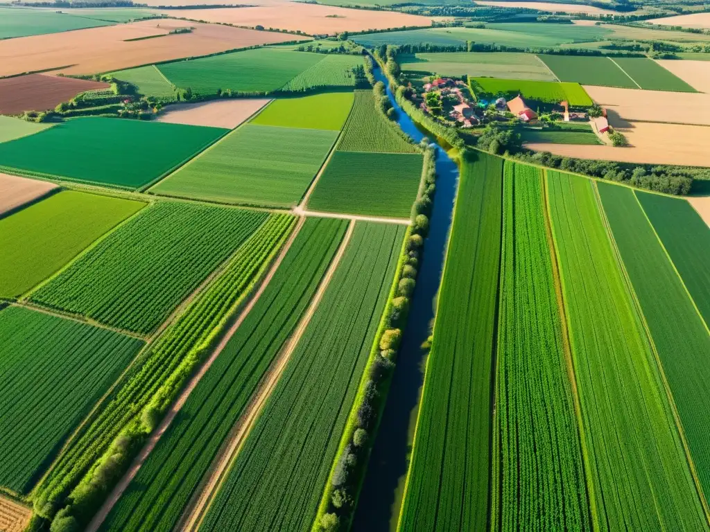 Tierras agrícolas prósperas: inversión global en agricultura Vista aérea de exuberantes campos verdes con cultivos, canales de riego y maquinaria agrícola