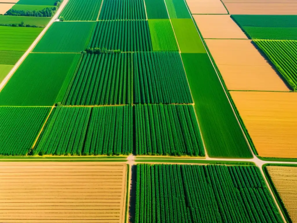 Granja tecnológica: Agricultura de precisión e innovación Una vista aérea de una granja agrícola tecnológicamente avanzada con maquinaria de precisión y cultivos variados