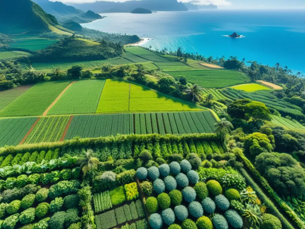 Granja orgánica sostenible junto al mar en Oceanía Vista aérea de una granja orgánica en Oceania, con cultivos ordenados y biodiversidad