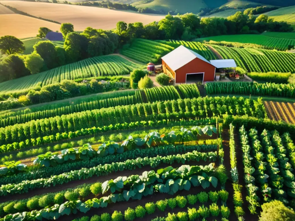 Granja orgánica en colinas verdes: belleza y sostenibilidad Vista aérea de una granja orgánica en armonía con la naturaleza, resaltando la productividad y la legislación en agricultura sostenible