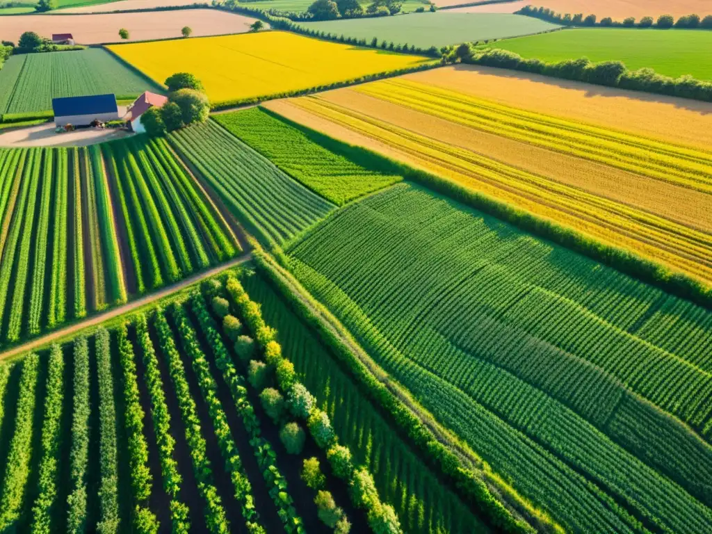 Granja productiva y armoniosa bajo el sol Vista aérea de una granja verde exuberante con cultivos ordenados, casa y granero