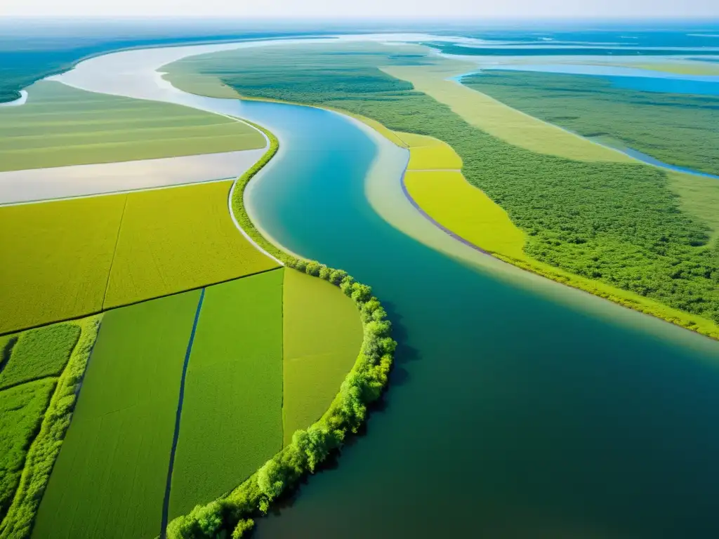 Esplendor húmedo: oasis verde y dorado Vista aérea impresionante de extensos humedales verdes, ríos serpenteantes y luz dorada