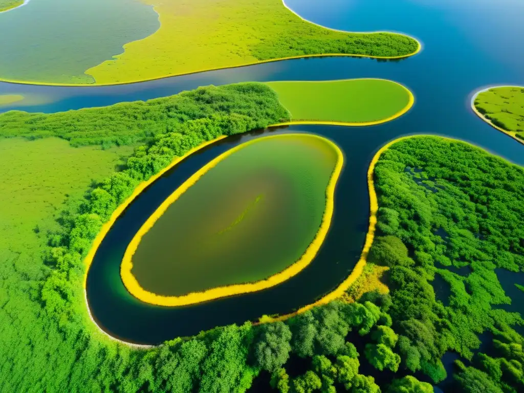 Esplendor natural: humedal mexicano rebosante de vida silvestre Vista aérea impresionante de un exuberante humedal mexicano con vegetación verde vibrante y serpenteantes vías de agua reflejando la luz dorada