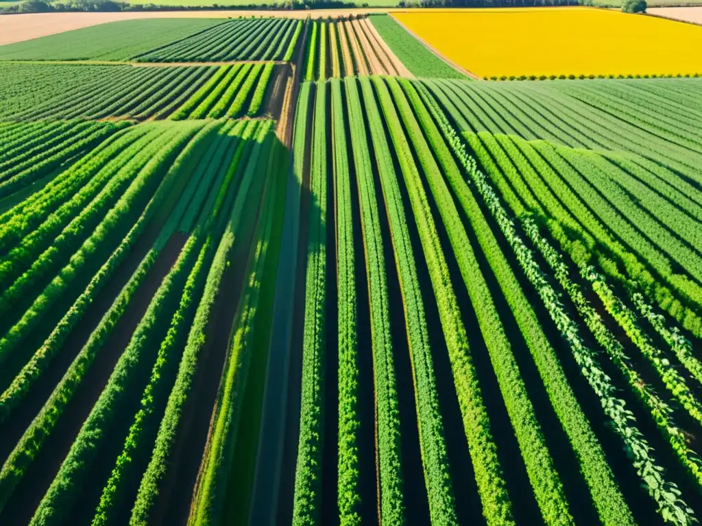 Espléndida vista aérea de una granja agrícola en plena producción Vista aérea impresionante de una granja agrícola exuberante, con cultivos verdes que se extienden hasta el horizonte