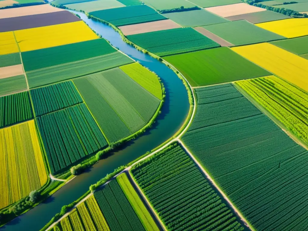 Vibrante paisaje agrícola con ríos y canales de riego Vista aérea impresionante de un paisaje agrícola exuberante con ríos y canales de irrigación