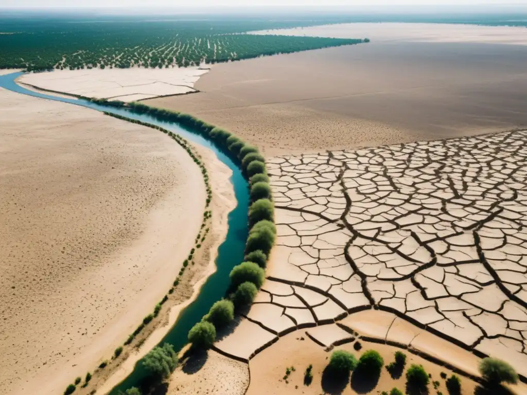 Desierto árido: impacto de disputas por agua en agricultura Vista aérea de un paisaje árido y seco con lechos de ríos secos y campos estériles, destacando la mediación de conflictos de agua en el sector agrario