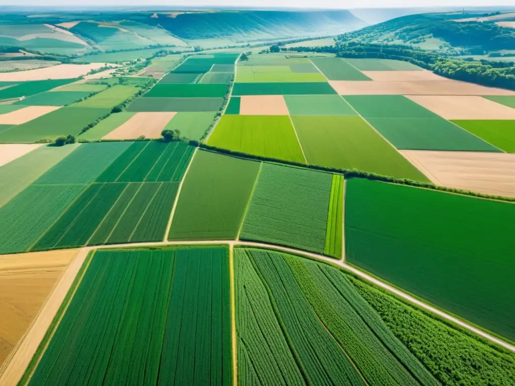Armonía agraria: campos verdes, agricultores y mediación Vista aérea de un paisaje agrícola con campos verdes, ríos y colinas