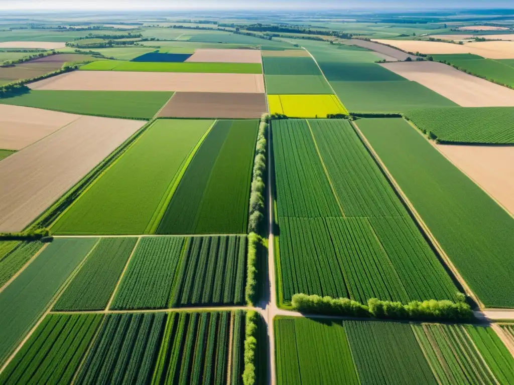 Inversión agrícola: paisaje vibrante y sostenible Vista aérea de paisaje agrícola con cultivos verdes y red de canales de riego