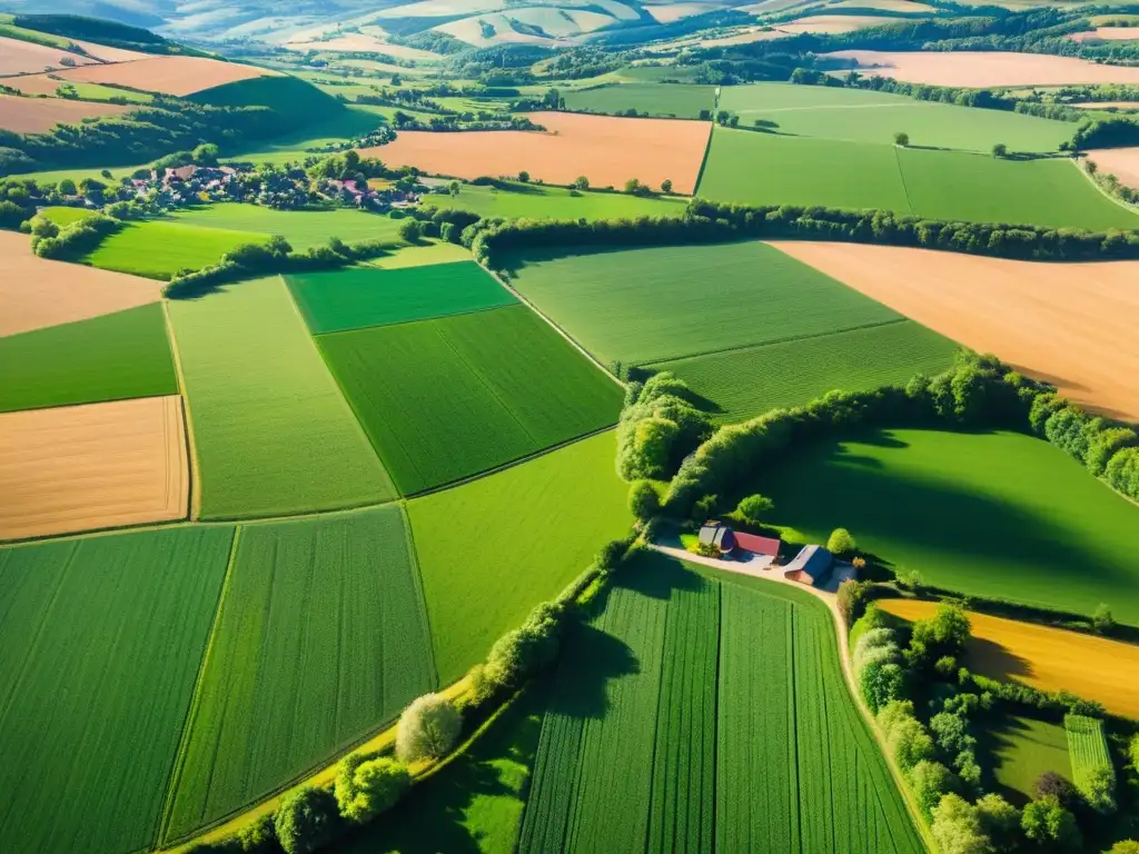 Vibrante paisaje rural: campos, luz y sombra Vista aérea de paisaje rural agrícola con campos verdes, carreteras y granjas